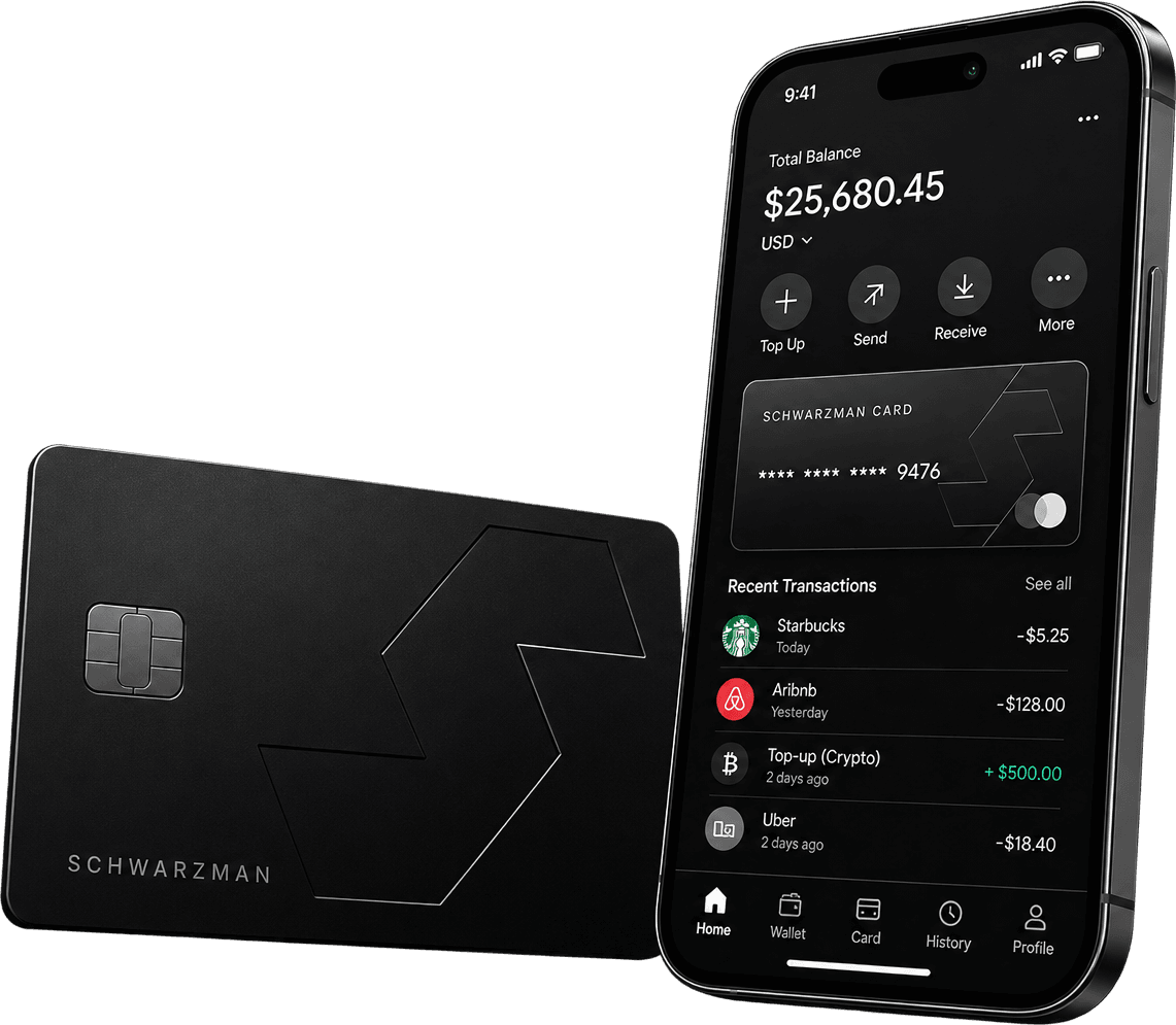 Illustrative rendering of the SCHWARZMAN payment card next to a phone running the SCHWARZMAN app